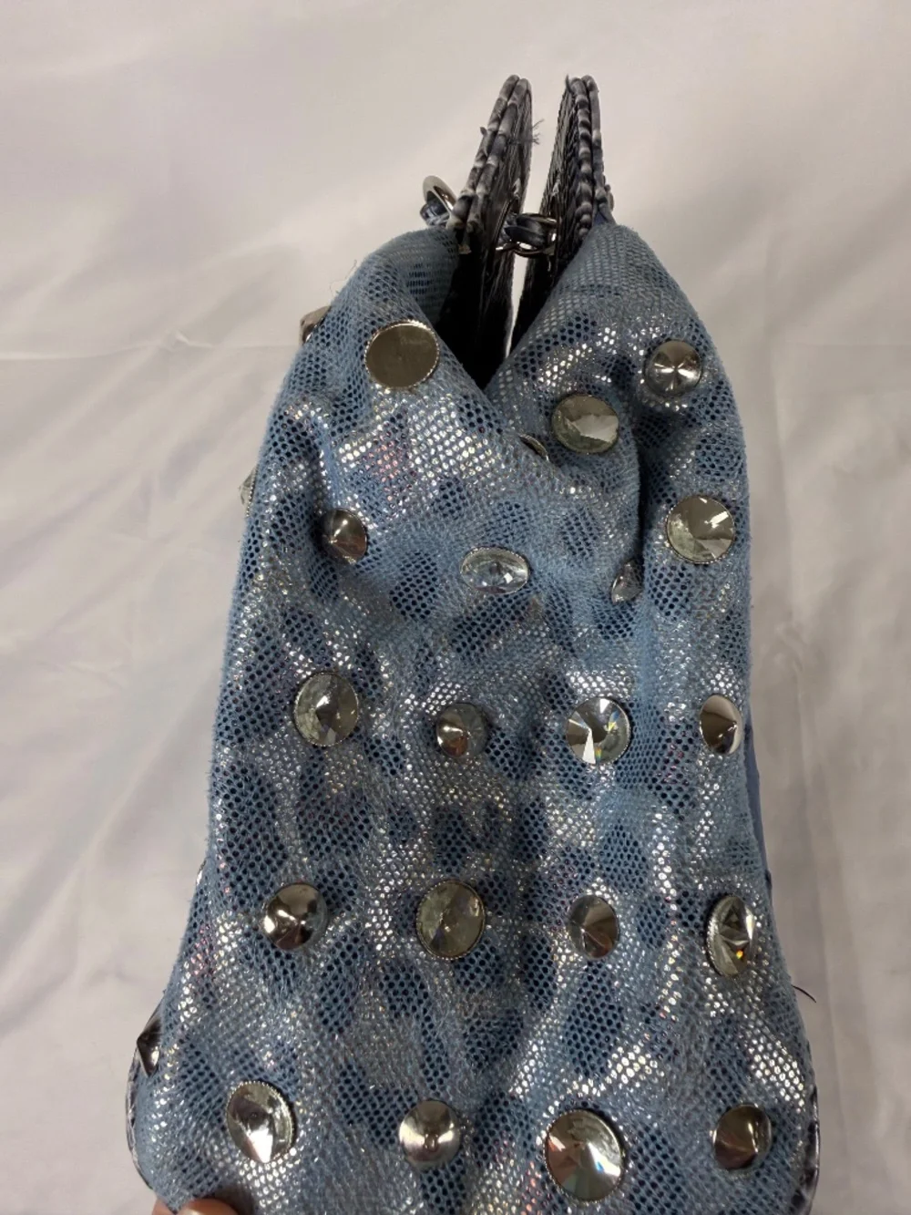 Blue Faux Ostrich Studded Chain Shoulder Bag Y2K Western Glam